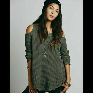 Free People Green Sunset Cold ShoulderWaffle Knit Sweater Tunic